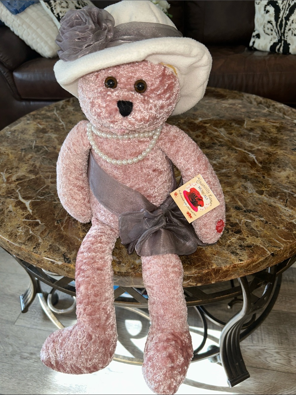 Chantilly Lane musical bear Plush Pink Fashion Bear with Pearl Necklace and Hat